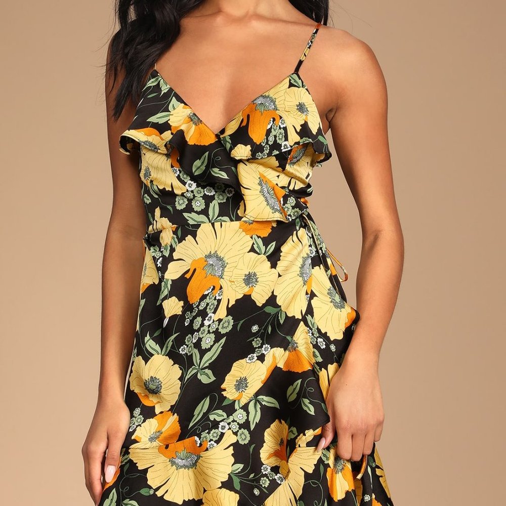 Lulu's Artistic Moment Black Floral Print Ruffled Wrap Mini Dress